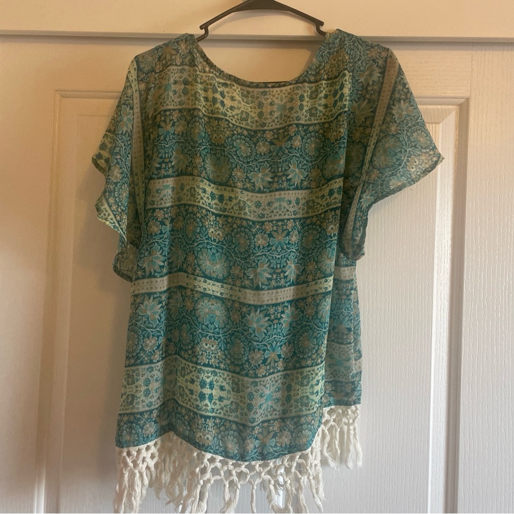 Boho Chic Blue Floral Blouse with Fringe